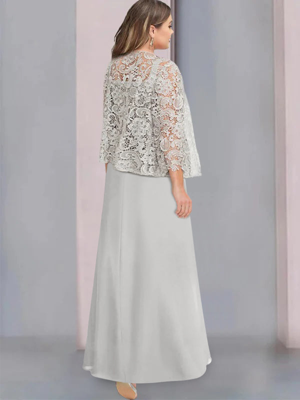 Plus Size Mother of the Bride A-Line/Princess Floor-Length Dress with Scoop Neckline Pleats & Lace Appliques