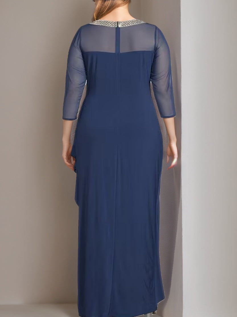 Plus Size Mother of the Bride Ruffled Dress with 3/4 Sleeves and Ankle-Length Sheath/Column Silhouette