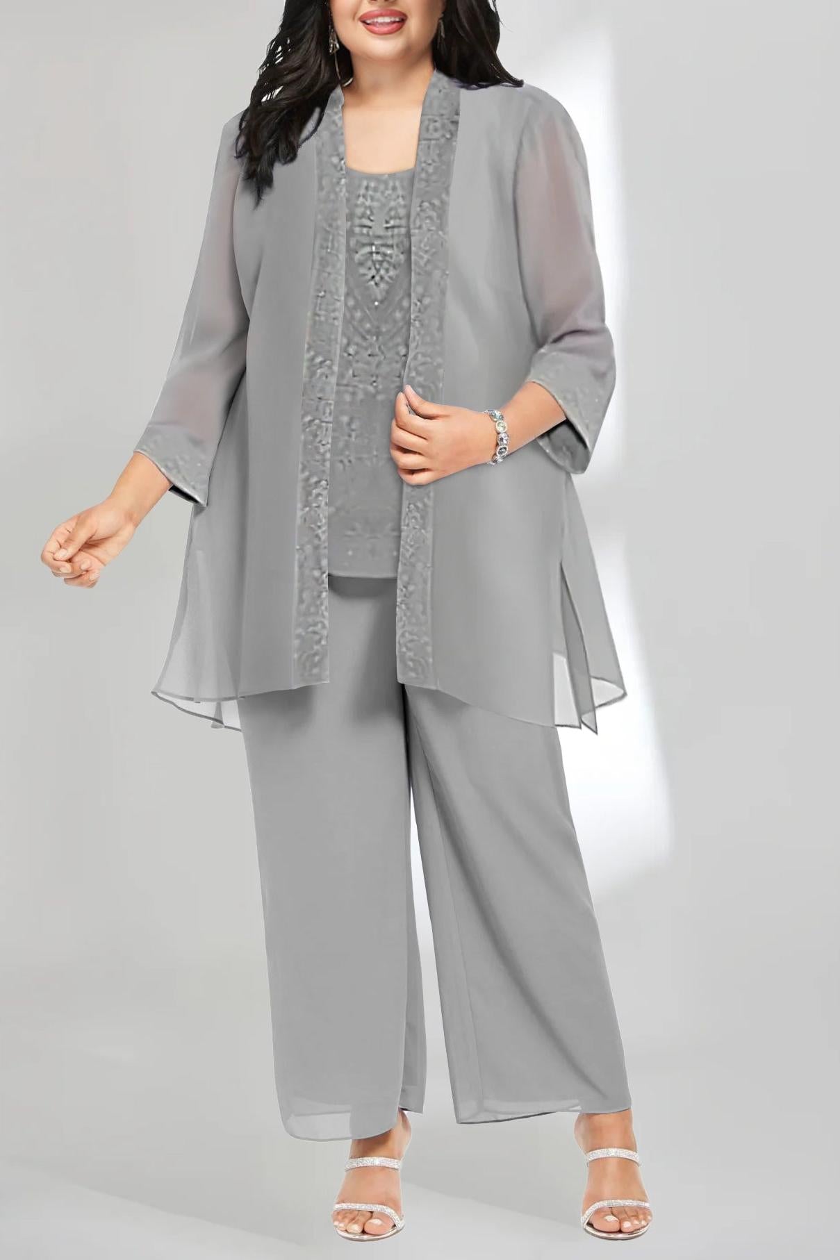 Plus Size Mother of the Bride Scoop Neck Ankle-Length Chiffon Pantsuit with Jacket