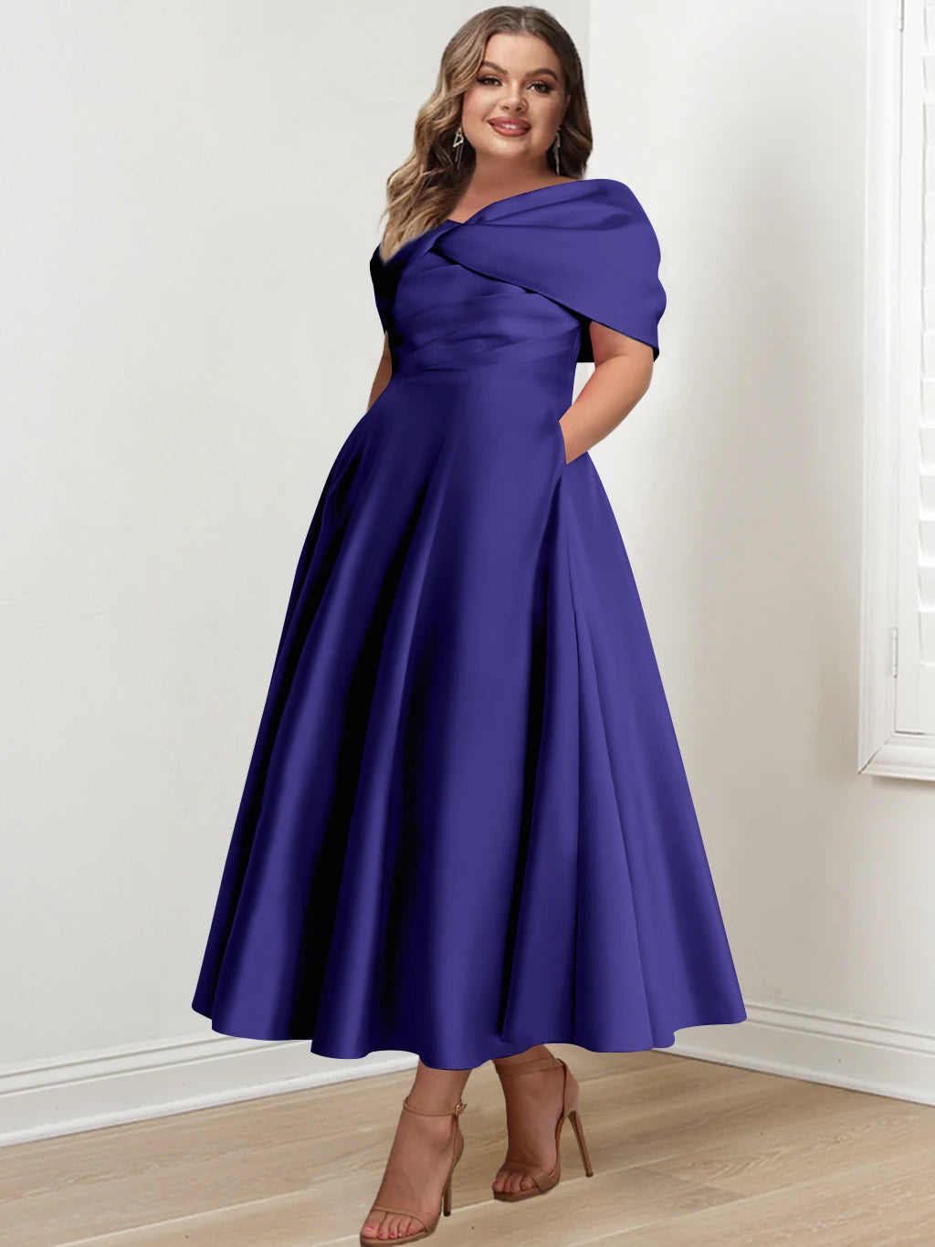 Plus Size Off-The-Shoulder A-Line Princess Ankle-Length Mother Of The Bride Dress With Ruffles & Bowknot