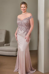 Plus Size Off-the-Shoulder Beaded Trumpet/Mermaid Mother of the Bride Gown Floor-Length