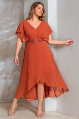Plus Size V-Neck A-Line Mother of the Bride Dress with Short Sleeves and Asymmetrical Appliques