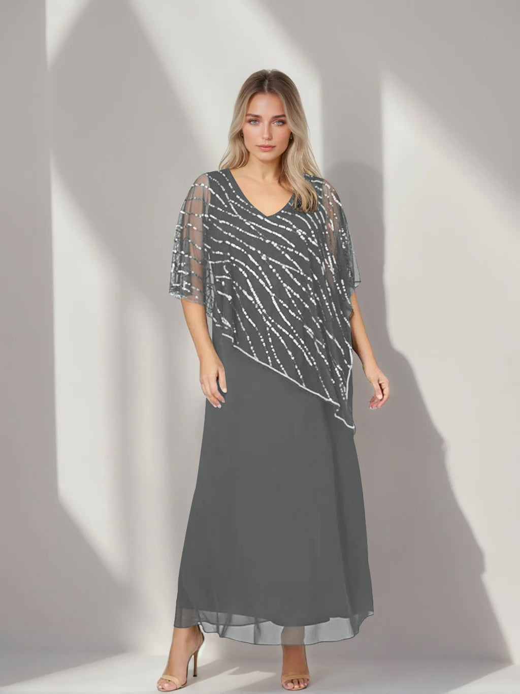 Plus Size V-Neck A-Line Princess Ankle-Length Mother of the Bride Dress with Asymmetrical Cape Popover and Half Sleeves