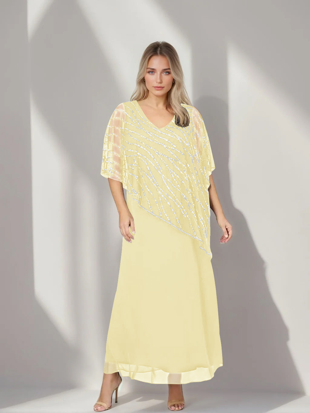 Plus Size V-Neck A-Line Princess Ankle-Length Mother of the Bride Dress with Asymmetrical Cape Popover and Half Sleeves