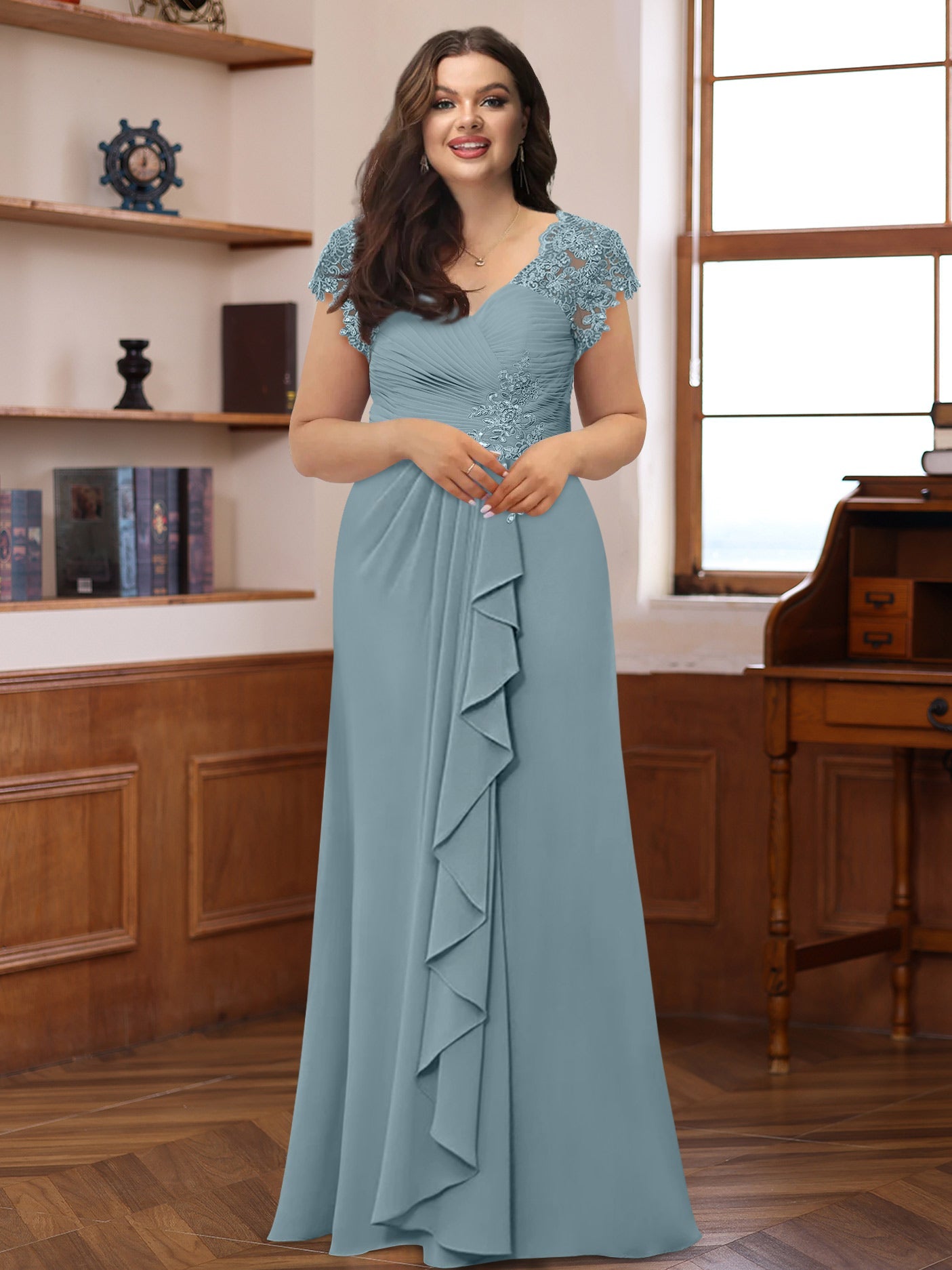 Plus Size V-Neck A-Line Princess Dress with Short Sleeves Ruffles and Appliques for Mothers of the Bride & Groom