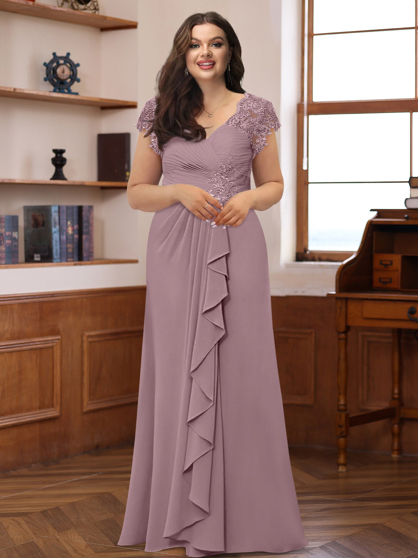 Plus Size V-Neck A-Line Princess Dress with Short Sleeves Ruffles and Appliques for Mothers of the Bride & Groom