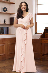 Plus Size V-Neck A-Line Princess Dress with Short Sleeves Ruffles and Appliques for Mothers of the Bride & Groom