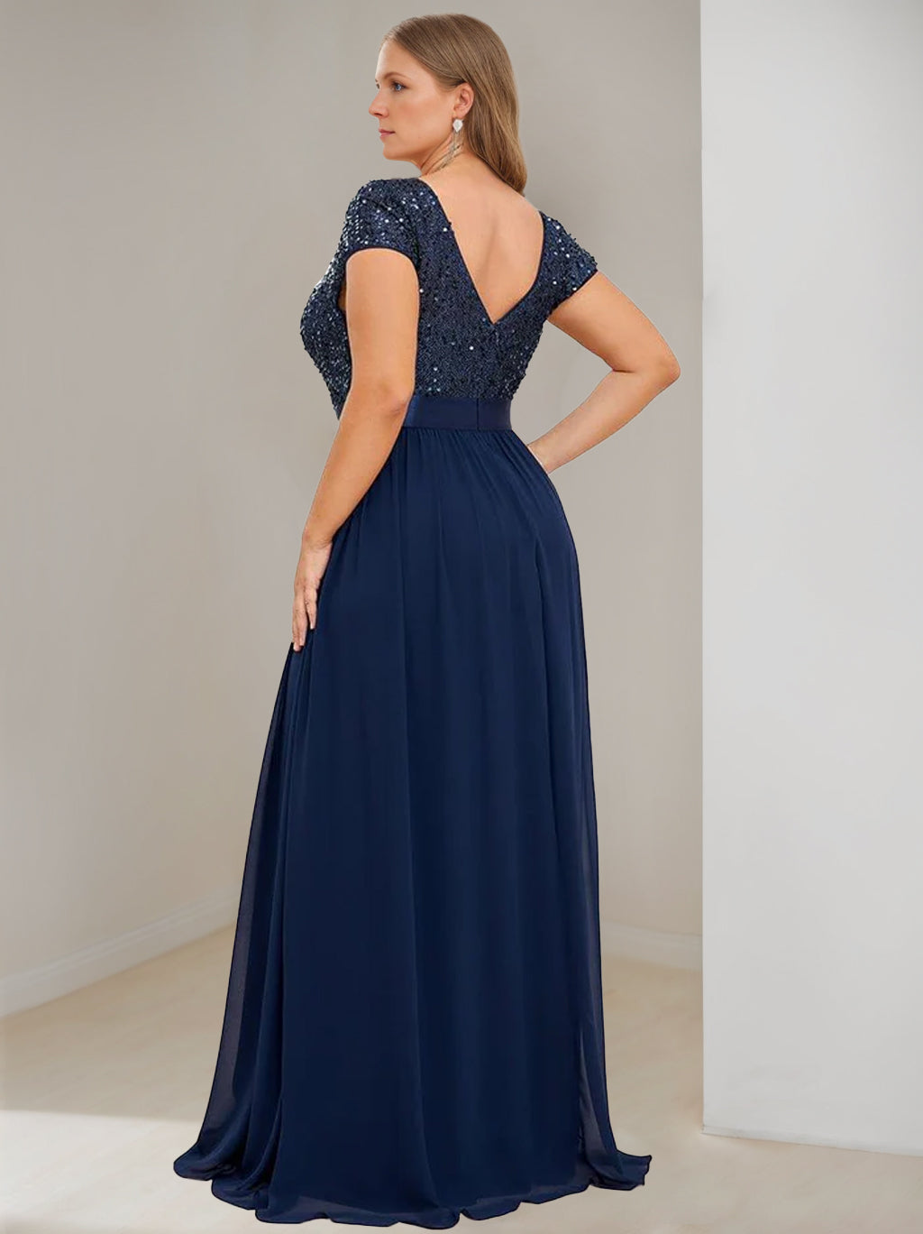 Plus Size V-Neck A-Line Princess Floor-Length Chiffon Mother Of The Bride Dress with Ribbon and Short Sleeves