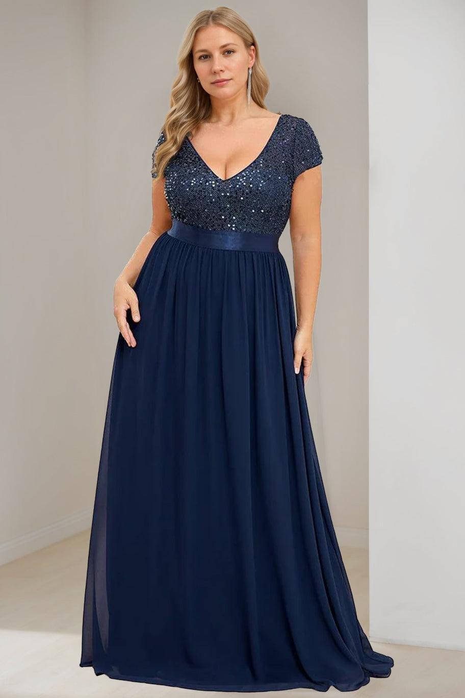 Plus Size V-Neck A-Line Princess Floor-Length Chiffon Mother Of The Bride Dress with Ribbon and Short Sleeves