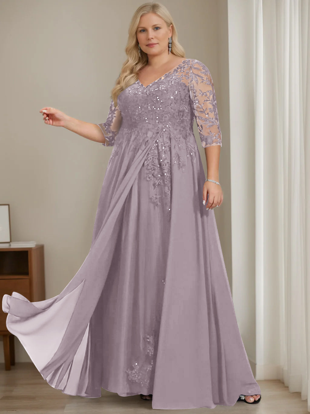 Plus Size V-Neck A-Line Princess Floor-Length Mother of the Bride Dress with Half Sleeves and Sequins