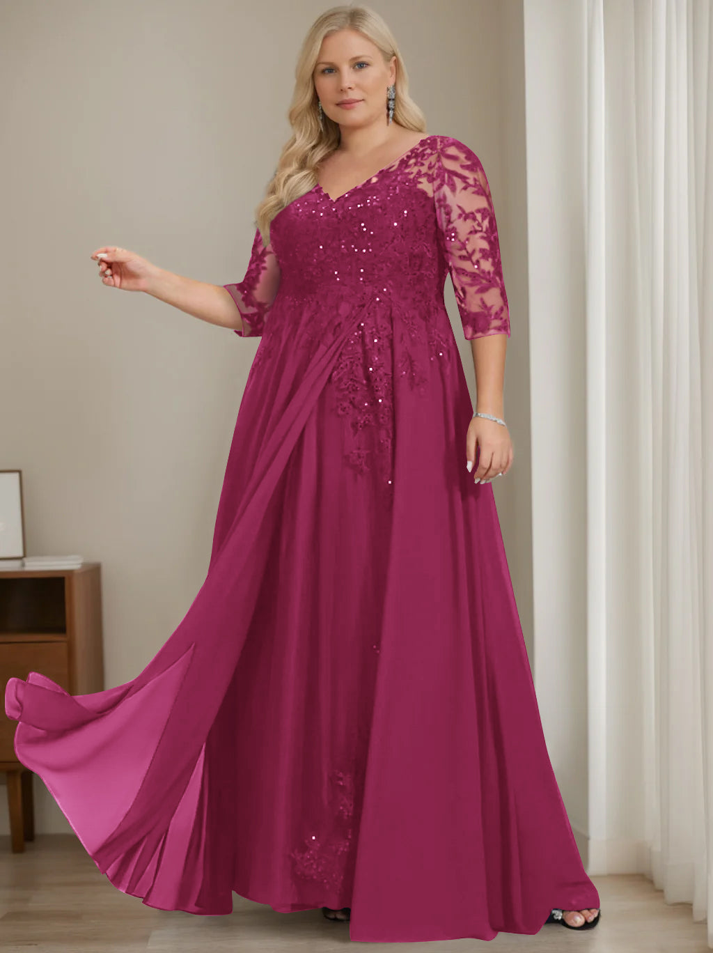 Plus Size V-Neck A-Line Princess Floor-Length Mother of the Bride Dress with Half Sleeves and Sequins
