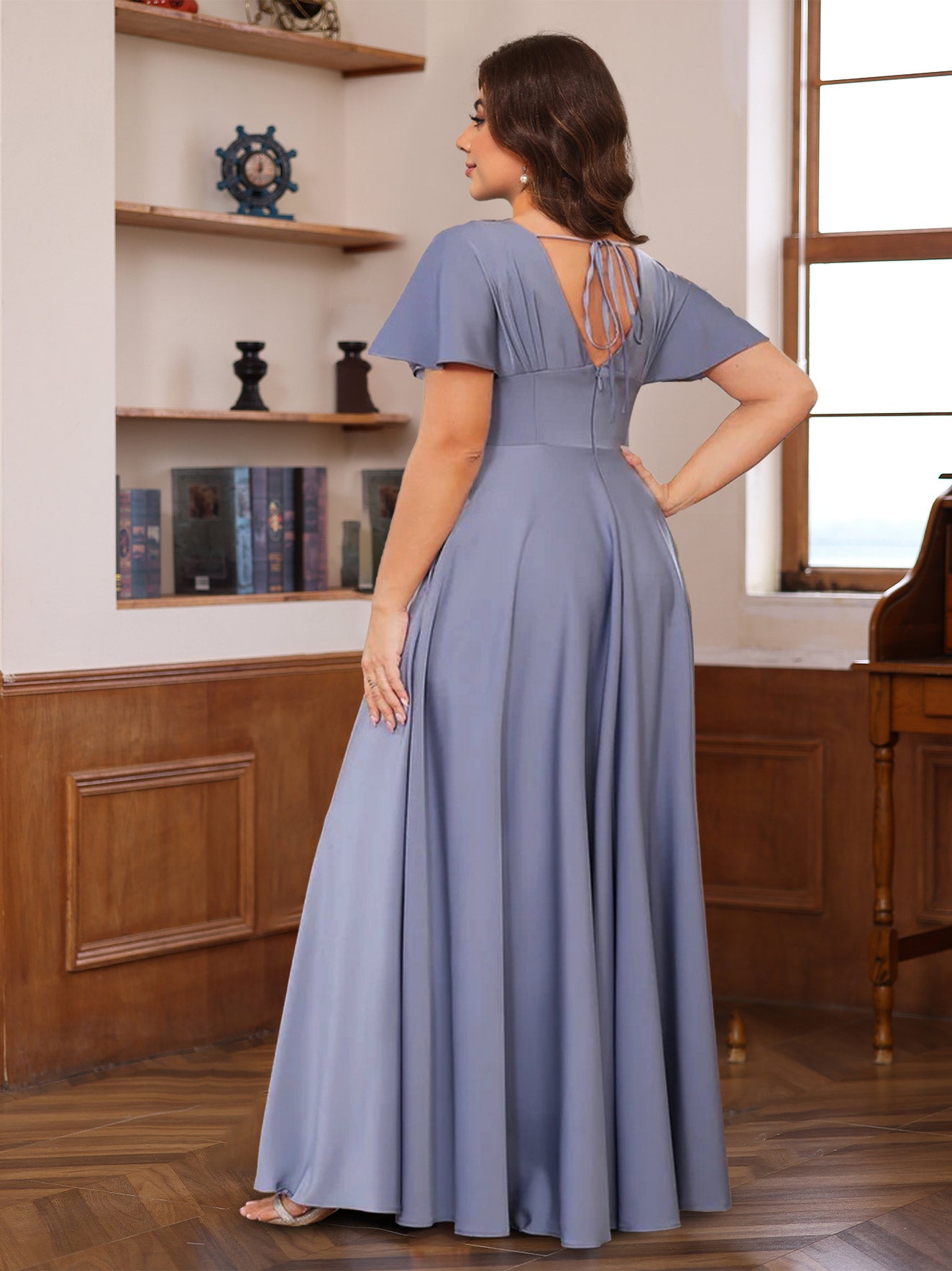 Plus Size V-Neck A-Line Princess Floor-Length Mother of the Bride Dress with Ruffles and Short Sleeves