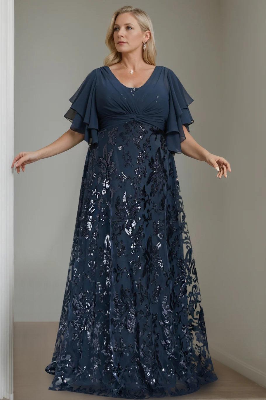 Plus Size V-Neck A-Line Princess Floor-Length Mother of the Bride Dress with Sequins and Half Sleeves
