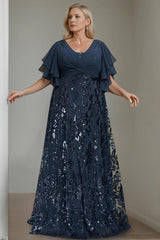 Plus Size V-Neck A-Line Princess Floor-Length Mother of the Bride Dress with Sequins and Half Sleeves