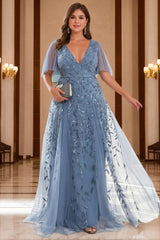 Plus Size V-Neck A-Line Princess Floor-Length Mother of the Bride Dress with Sequins and Short Sleeves