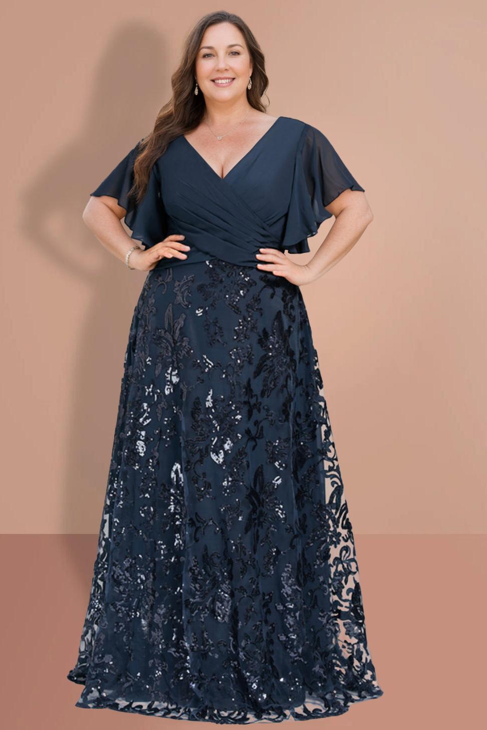 Plus Size V-Neck A-Line Princess Floor-Length Mother of the Bride Dress with Short Sleeves and Sequins