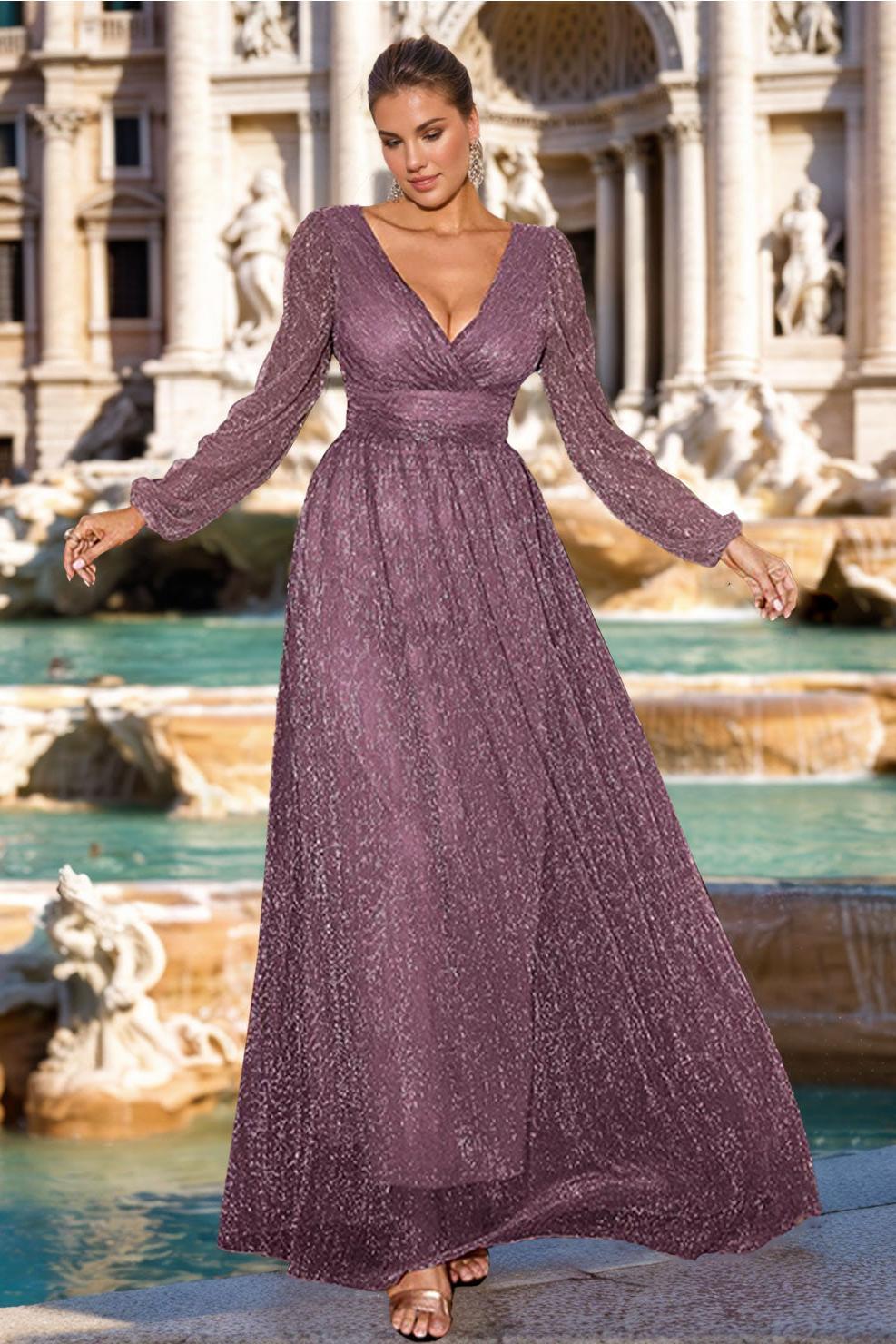 Plus Size V-Neck A-Line Princess Floor-Length Mother of the Bride/Groom Dress with Long Sleeves and Ruffles