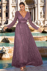 Plus Size V-Neck A-Line Princess Floor-Length Mother of the Bride/Groom Dress with Long Sleeves and Ruffles