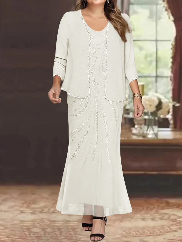 Plus Size V-Neck Ankle-Length Sheath/Column Mother of the Bride Dresses with Sequins & Jacket