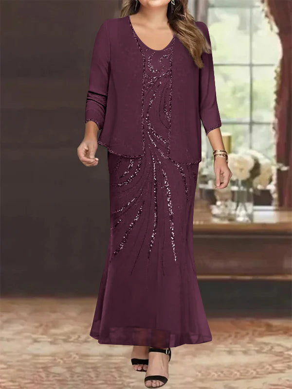 Plus Size V-Neck Ankle-Length Sheath/Column Mother of the Bride Dresses with Sequins & Jacket