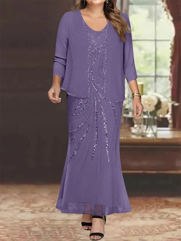 Plus Size V-Neck Ankle-Length Sheath/Column Mother of the Bride Dresses with Sequins & Jacket