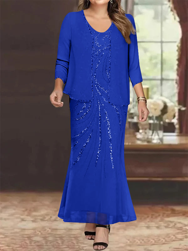 Plus Size V-Neck Ankle-Length Sheath/Column Mother of the Bride Dresses with Sequins & Jacket