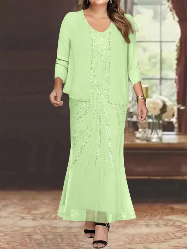Plus Size V-Neck Ankle-Length Sheath/Column Mother of the Bride Dresses with Sequins & Jacket