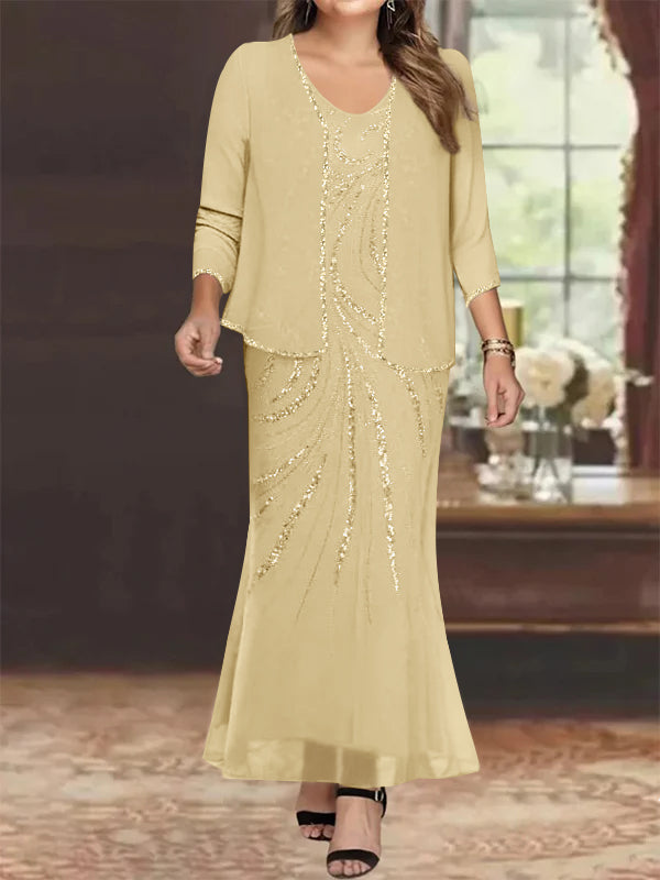 Plus Size V-Neck Ankle-Length Sheath/Column Mother of the Bride Dresses with Sequins & Jacket