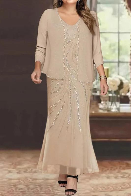 Plus Size V-Neck Ankle-Length Sheath/Column Mother of the Bride Dresses with Sequins & Jacket