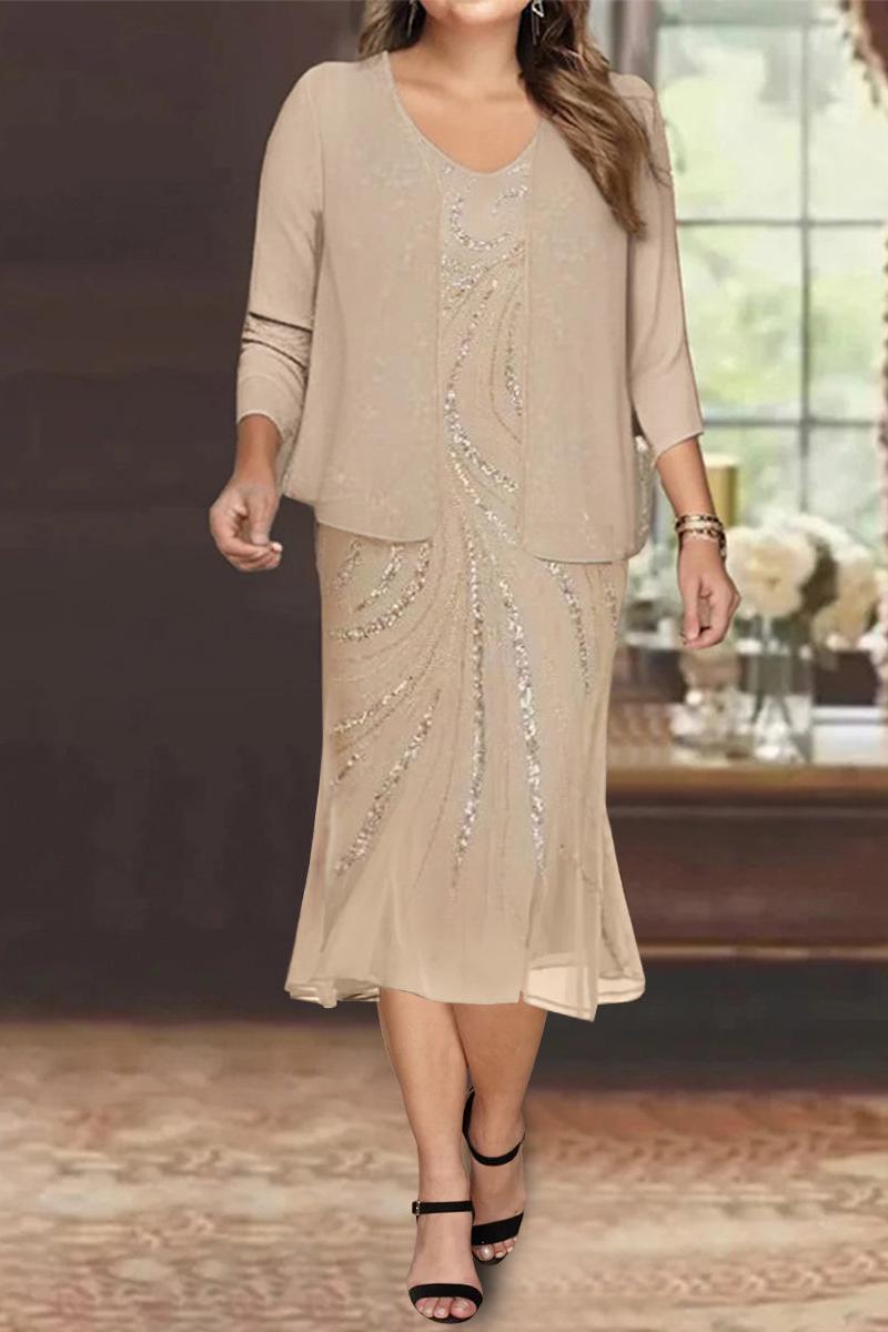 Plus Size V-Neck Chiffon Mother of the Bride Dress Set with Jacket and Sequins Knee-Length