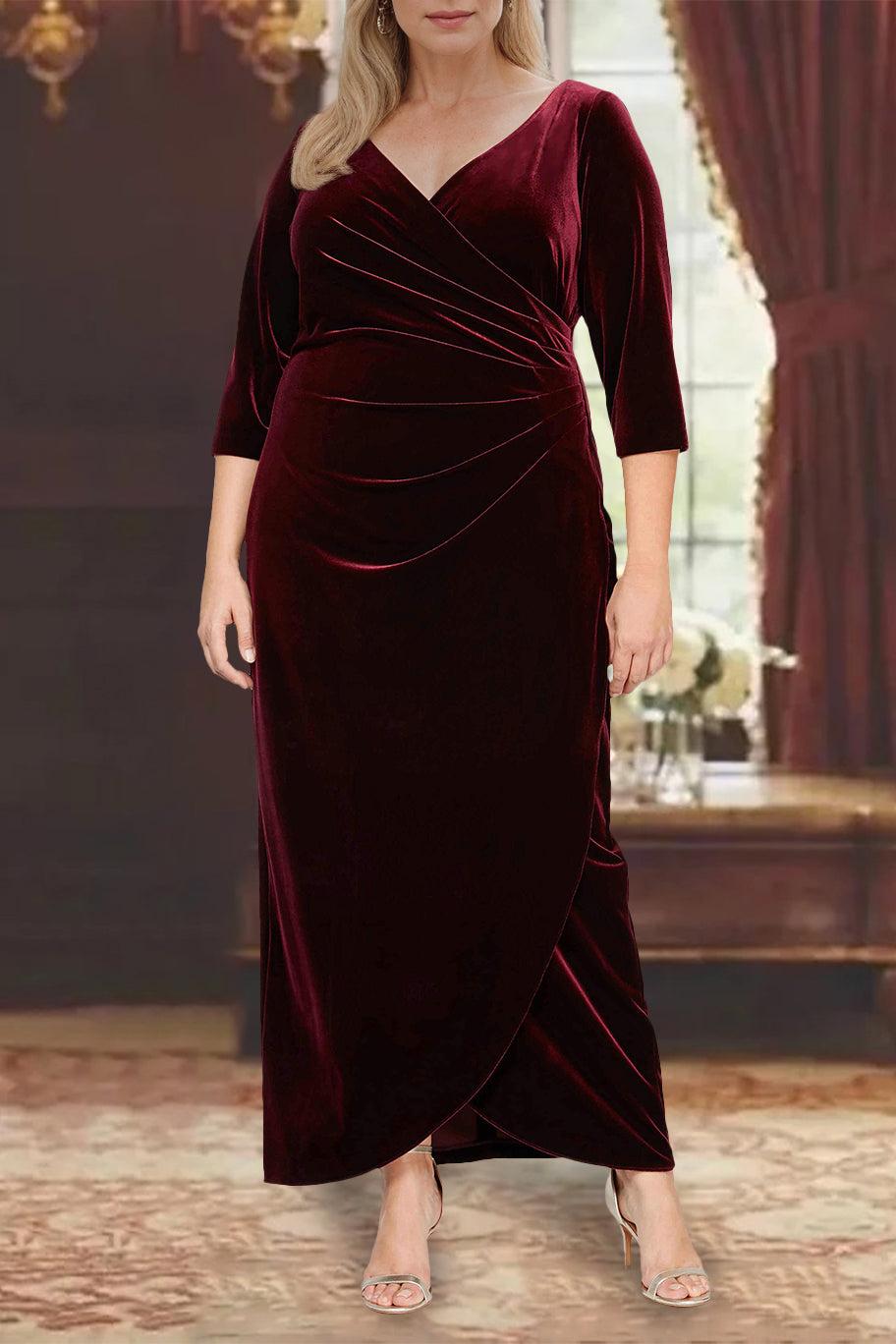 Plus Size V-Neck Princess A-Line Mother of the Bride Dress with 3/4 Sleeves and Asymmetrical Ruffles