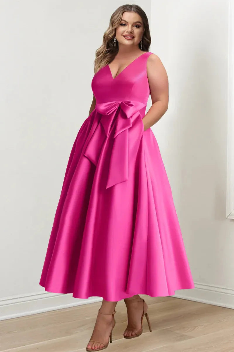 Plus Size V-Neck Sleeveless A-Line Princess Mother of the Bride Dress with Pockets and Ruffles Ankle-Length