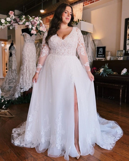 Plus Size Wedding Dress A-Line V-Neck Long Sleeves Bridal Dress