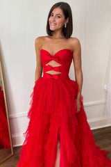 Polka Dot Prom Dress Strapless Ruffle Tiered Keyhole Evening Dress