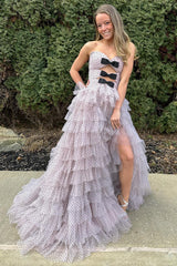 Polka Dot Prom Dress Strapless Ruffle Tiered Keyhole Evening Dress