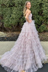 Polka Dot Prom Dress Strapless Ruffle Tiered Keyhole Evening Dress
