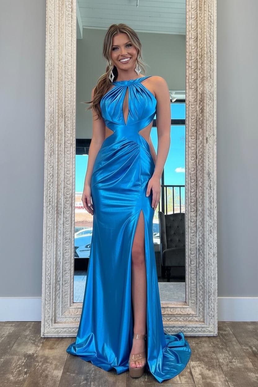 Fuchsia Metallic Mermaid Prom Dress With Slit And Open Back Formal Evening Gown