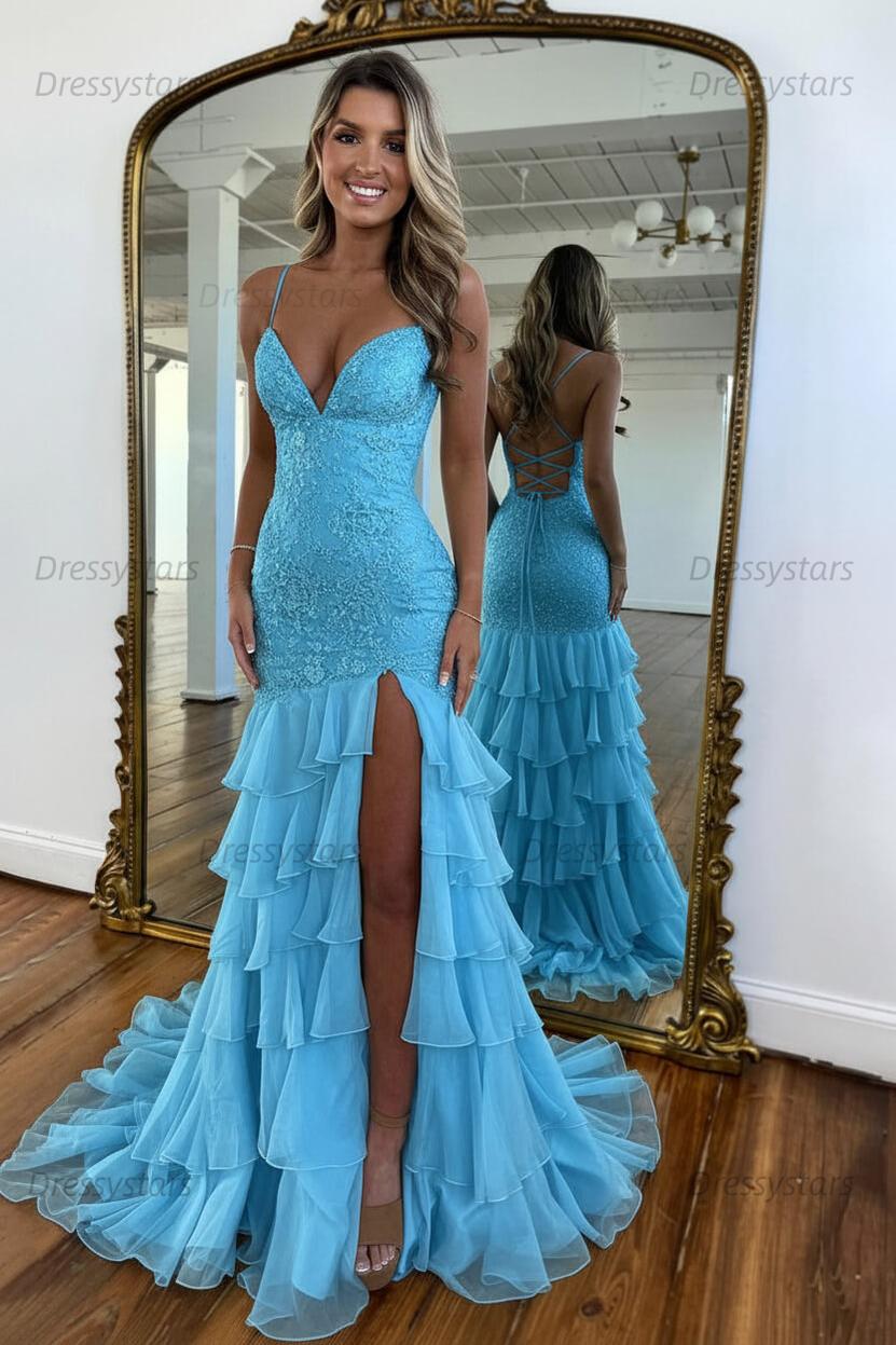 Dressystars Yellow Mermaid Spaghetti Straps Lace Up Long Prom Dress With Ruffle Skirt Formal Evening Gown