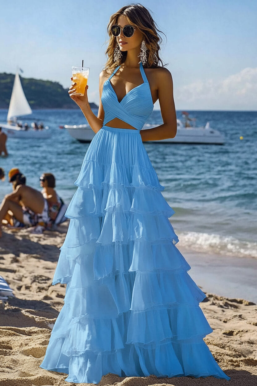 Dressystars Halter Tiered White 2 Piece Ruffled Formal Dress