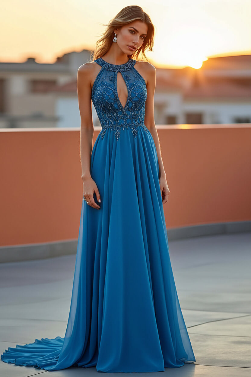 Dressystars Beaded Navy Wedding Guest Dress Halter Long Formal Dress With Embroideries