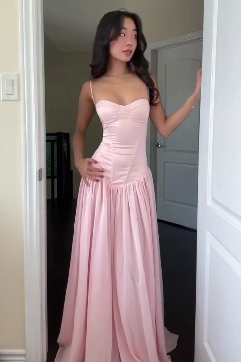 Pretty A Line Spaghetti Straps Pink Corset Prom Dress With Ruffles Formal Evening Gown