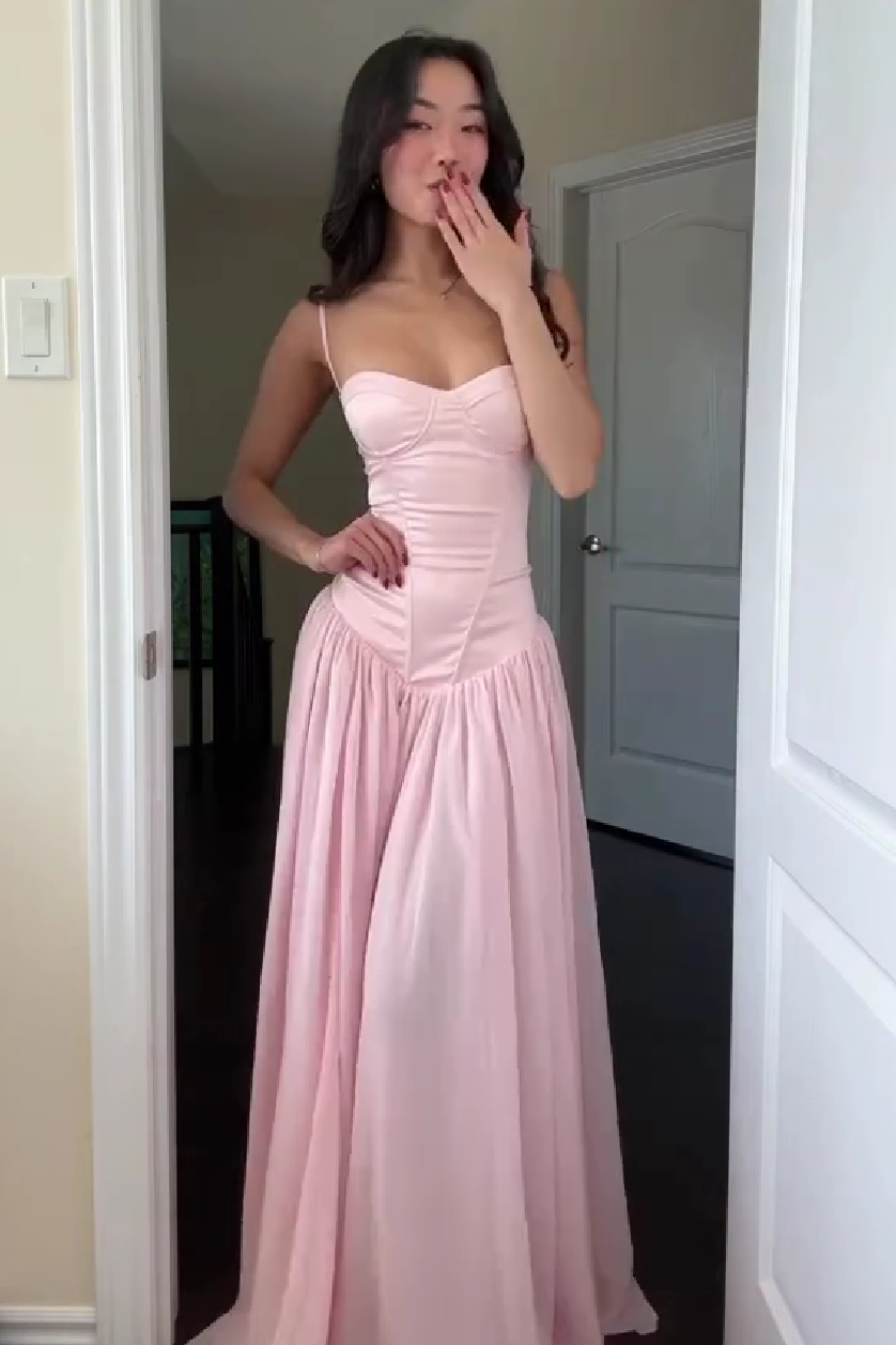 Pretty A Line Spaghetti Straps Pink Corset Prom Dress With Ruffles Formal Evening Gown