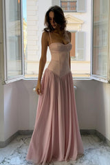 Pretty A Line Spaghetti Straps Pink Corset Prom Dress With Ruffles Formal Evening Gown