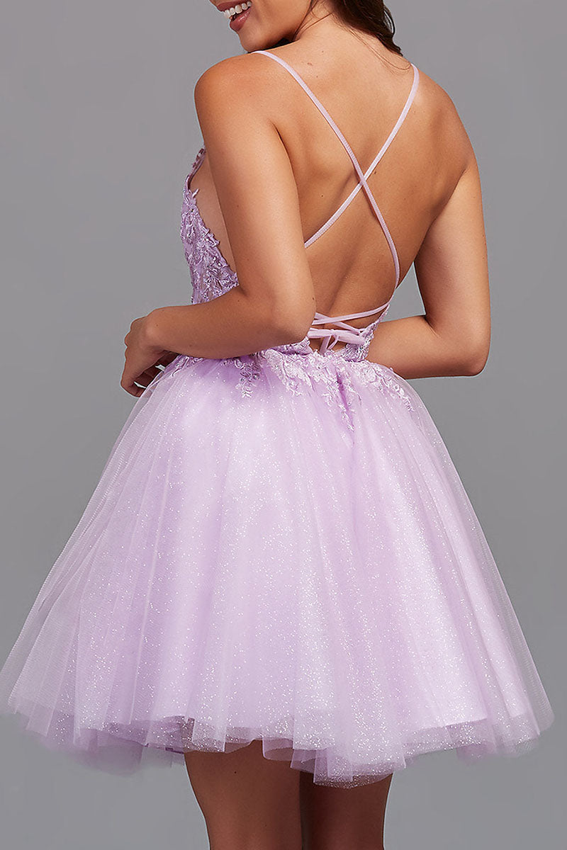 Pretty Homecoming Dress A Line Backless Style Tulle Appliqued Short Party Cocktail Dress