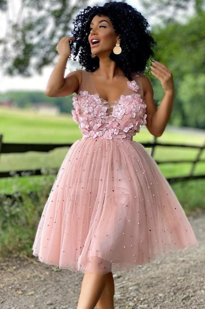 Pretty Homecoming Dress A Line Delicate Beading Tulle with Flowers Short Party Cocktail Dress