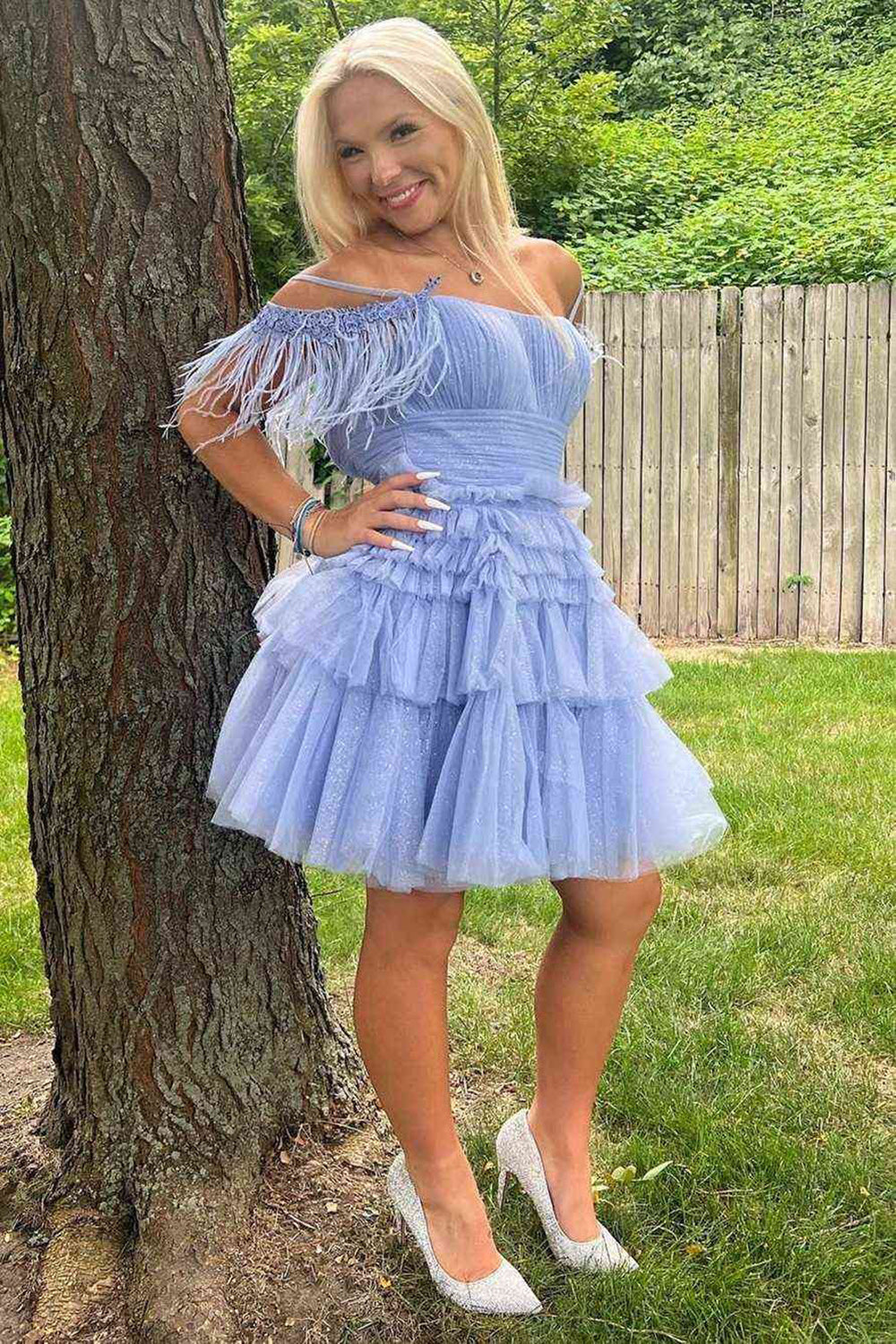 Pretty Homecoming Dress A Line Girly pink Glitter Tulle with Chic Feather Short Party Cocktail Dress