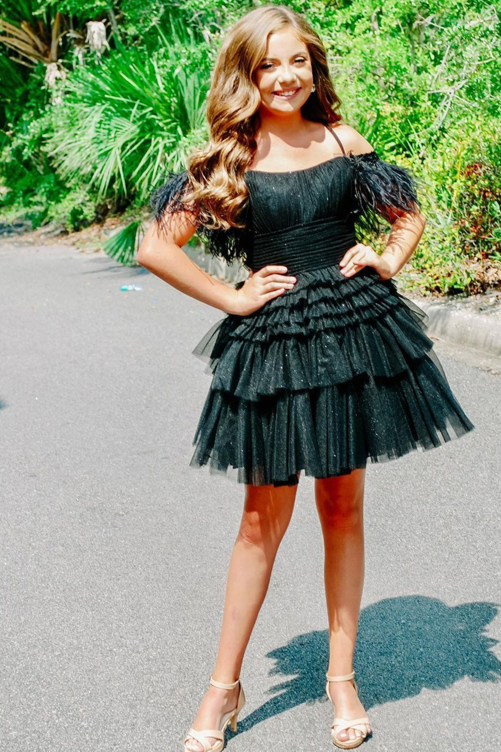 Pretty Homecoming Dress A Line Girly pink Glitter Tulle with Chic Feather Short Party Cocktail Dress