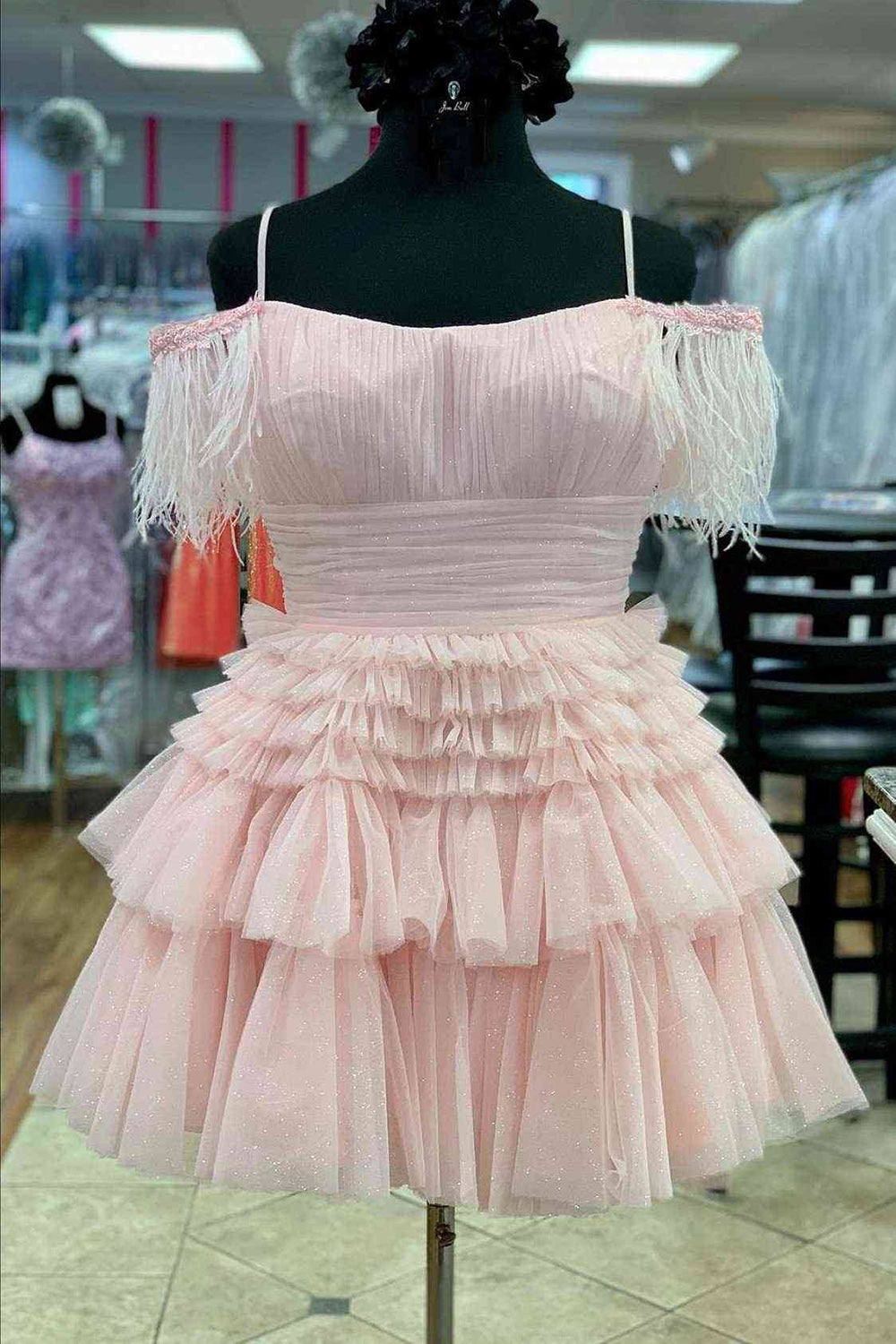 Pretty Homecoming Dress A Line Girly pink Glitter Tulle with Chic Feather Short Party Cocktail Dress