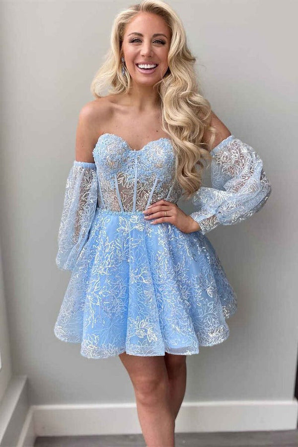 Pretty Homecoming Dress A Line Heart shaped Corset with Sleeves Short Party Cocktail Dress