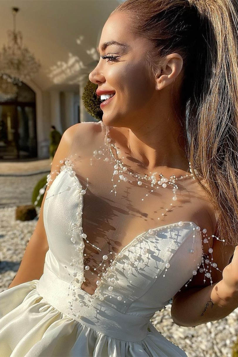 Pretty Homecoming Dress A Line Illusion Neck Ivory with Beads Short Party Cocktail Dress